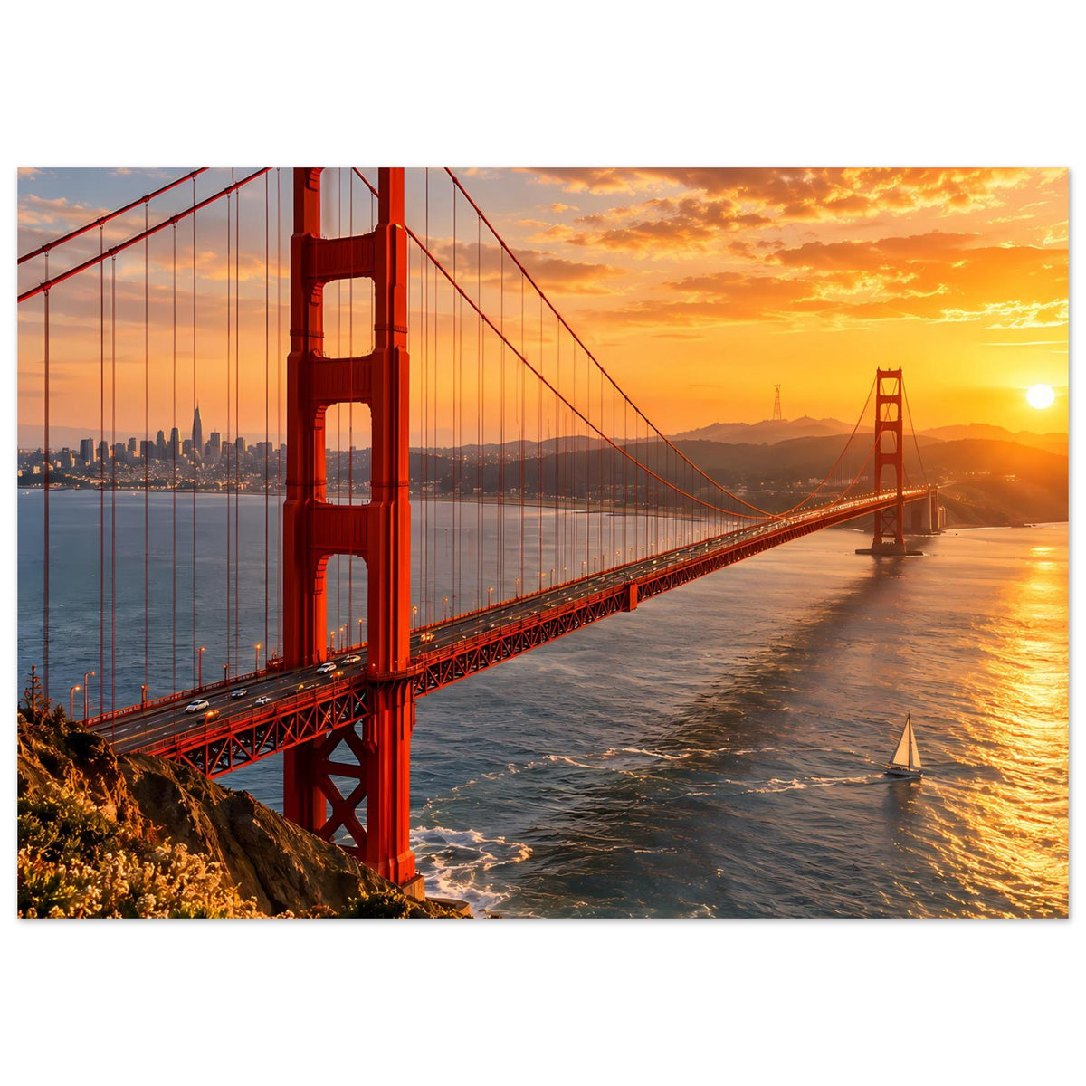 Horizontales Poster der roten Hängebrücke (Golden Gate) bei warmem Abendhimmel
