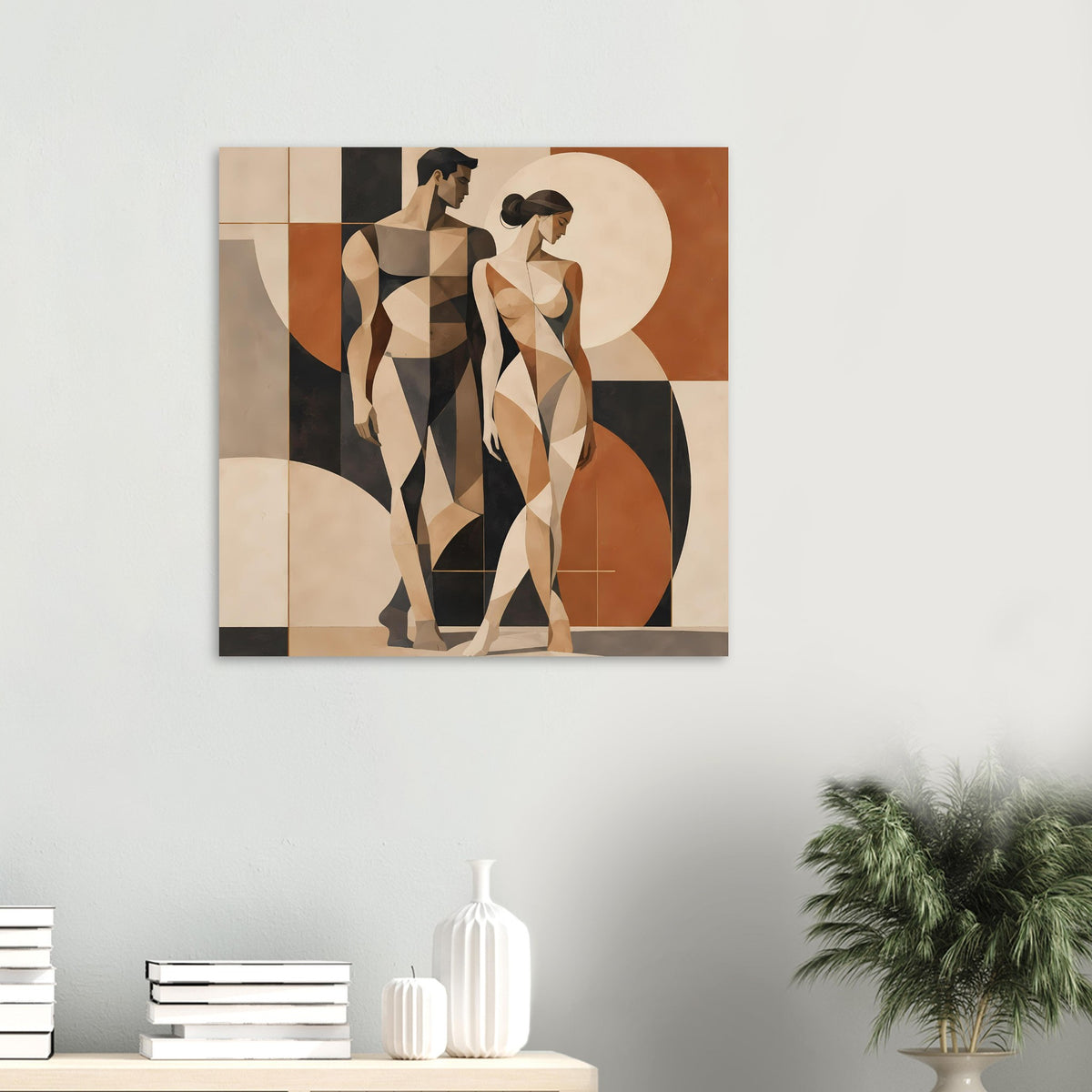 Kleines Kunstposter mit geometrischen Aktfiguren eines Paares in Erdtönen, Hochformat