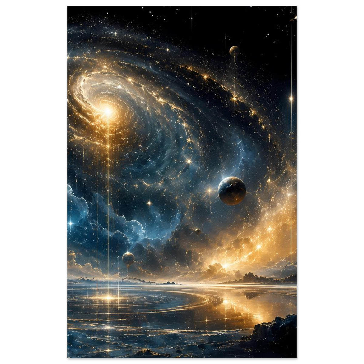 Hochformatiges Poster mit Spiralgalaxie, Sternen und schwebendem Planeten vor Wolken