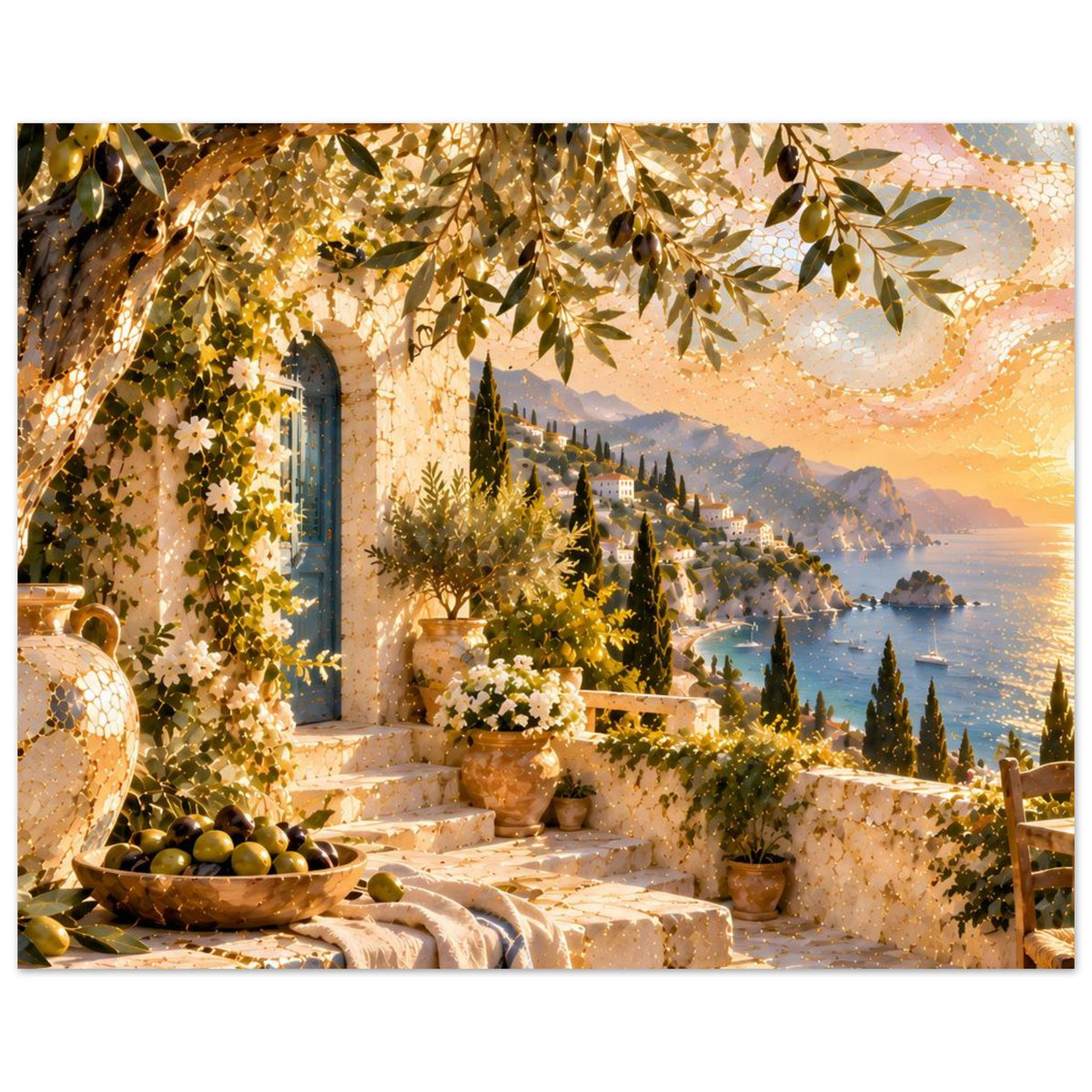 Kunstdruck mit mediterraner Treppe, goldener Blattkrone, Töpfen und Meerblick im Abendlicht