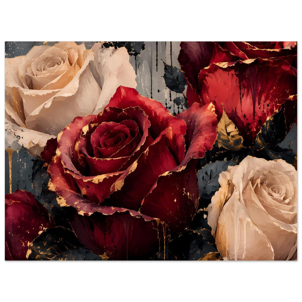 Horizontales Kunstposter mit Rosen in Bordeauxrot und Creme, Goldakzente und Sprenkel