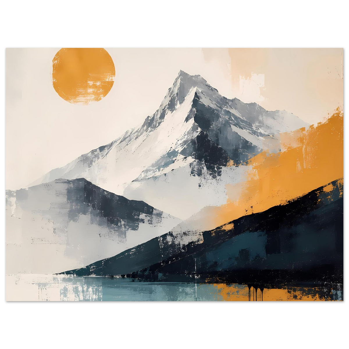 Abstraktes Kunstposter Querformat: Berge in Blaugrau, orangefarbene Sonne und Pinselstriche