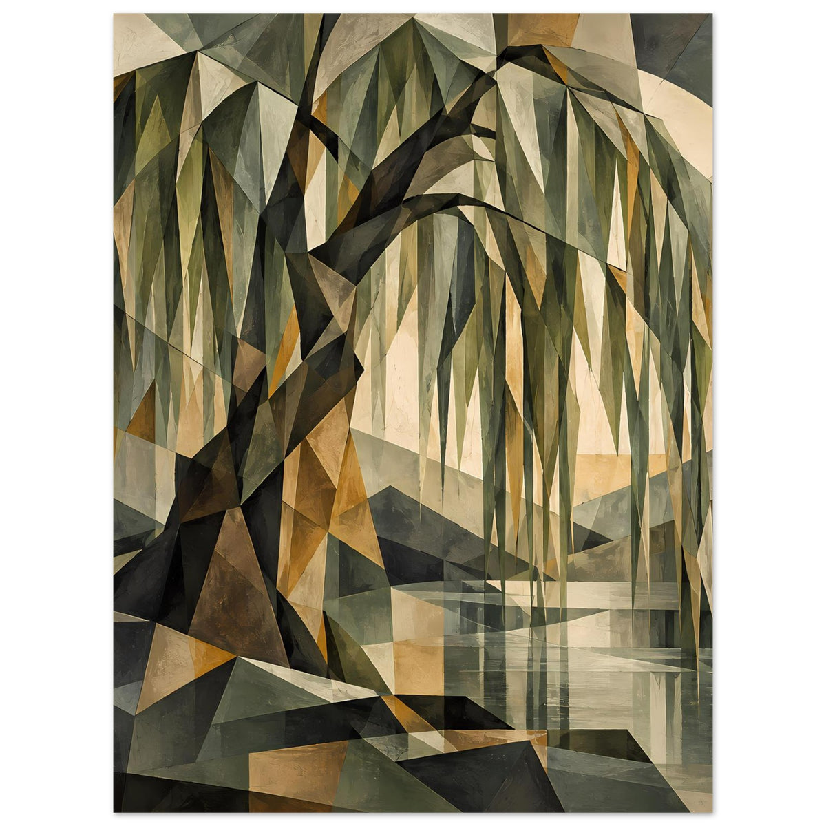 Geometrisches Poster mit Baum in Dreiecken, erdige Farben Grün, Beige, Grau