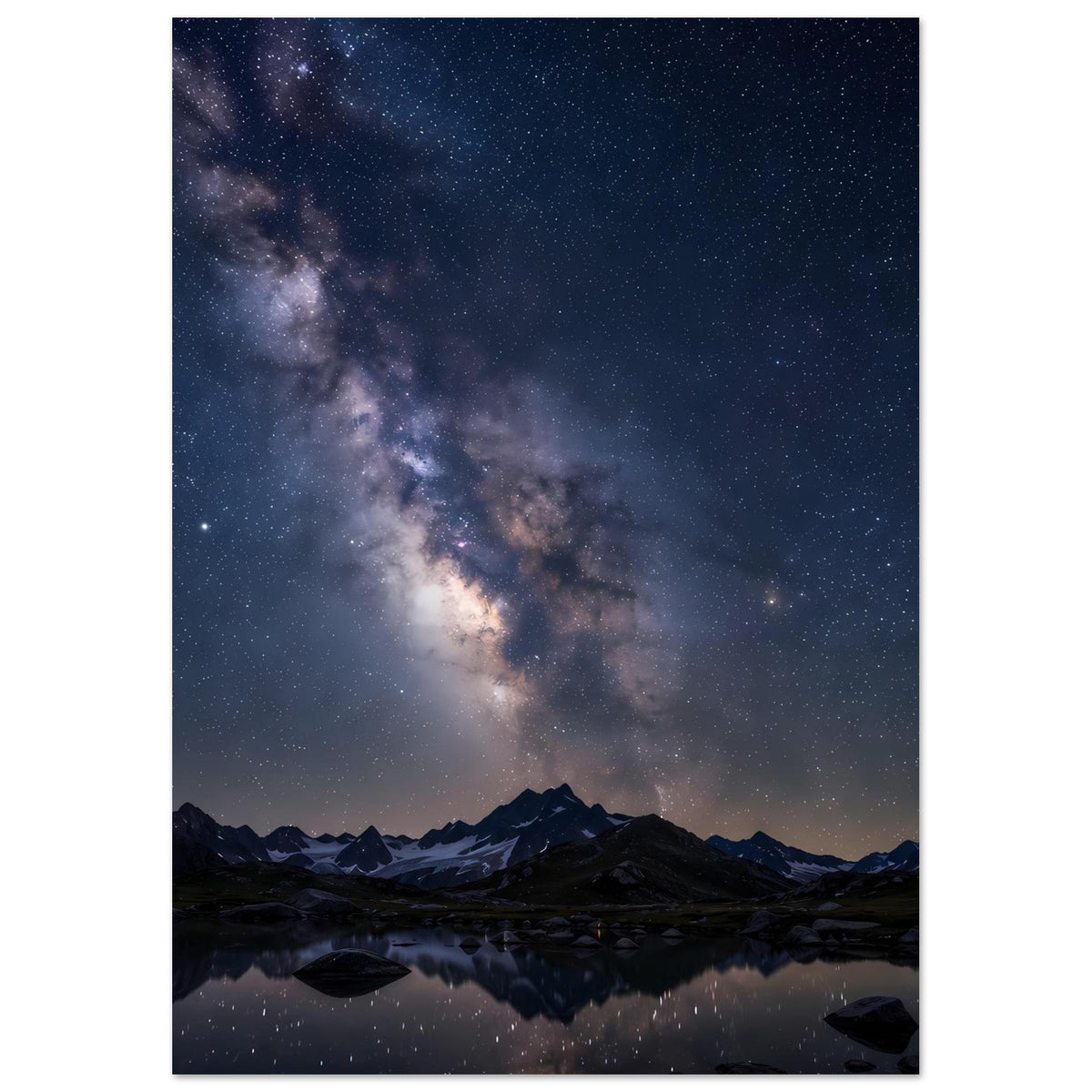 Poster mit Sternenhimmel und Milchstraße über Bergkamm bei Nacht