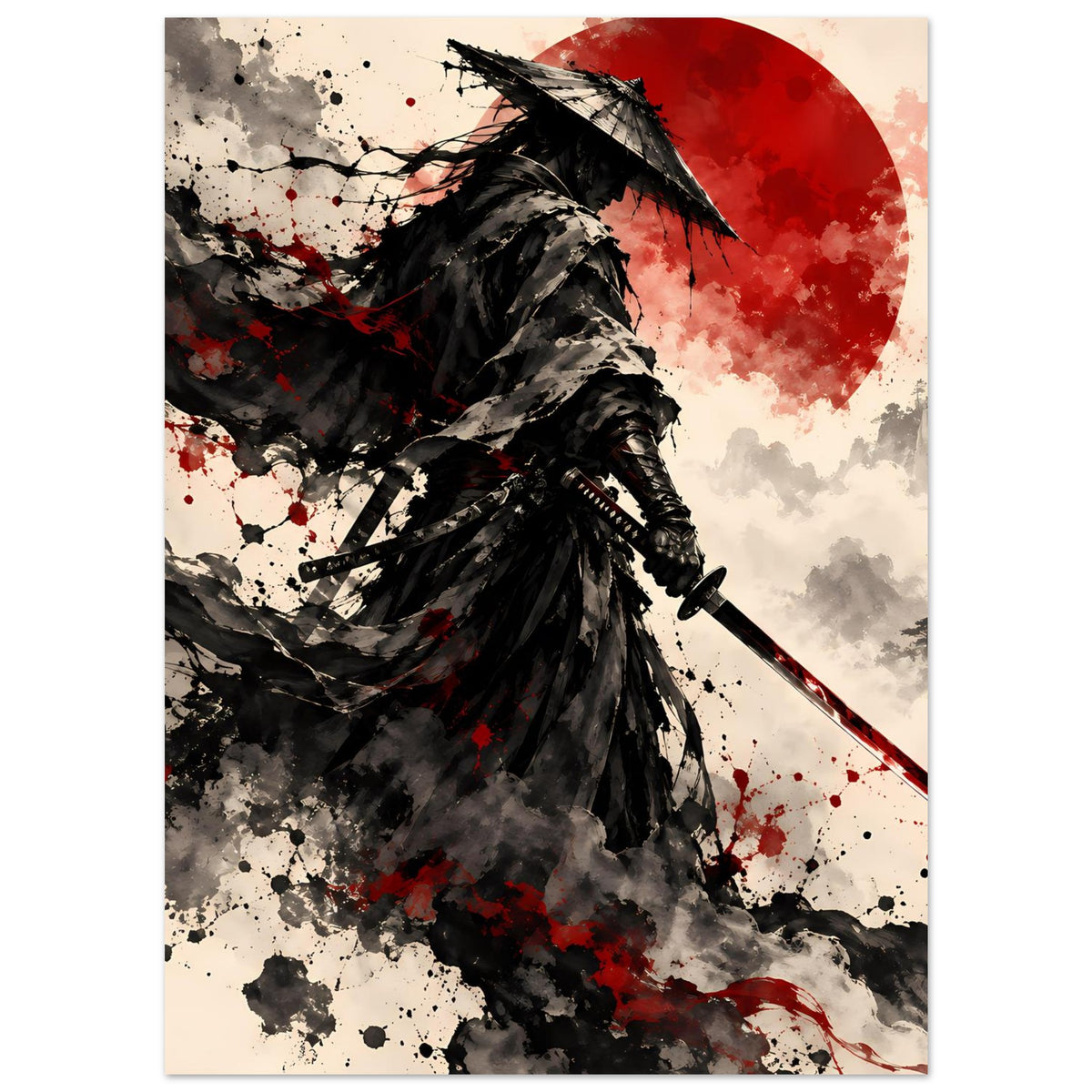 Poster mit Samurai in dunkler Rüstung, Schwert schräg; rote Sonne und rote Farbsprenkel