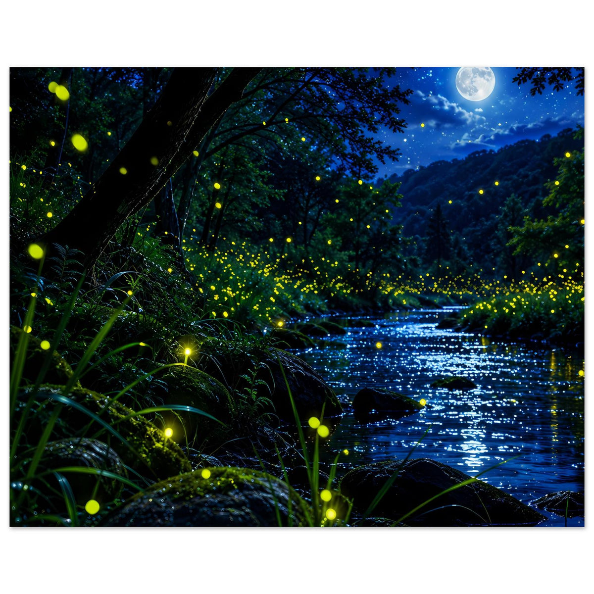 Nachtwald-Poster mit Glühwürmchen über dem Fluss, Bäume im Vordergrund und Vollmond