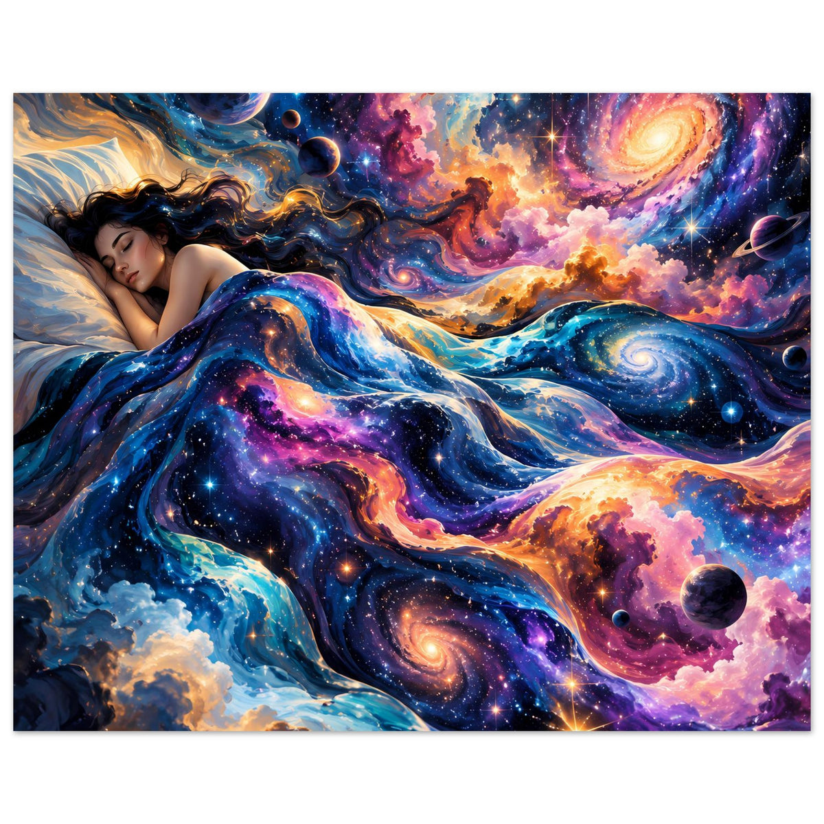 Horizontales Galaxie-Poster mit schlafender Frau, bunten Nebelstrukturen und Planeten