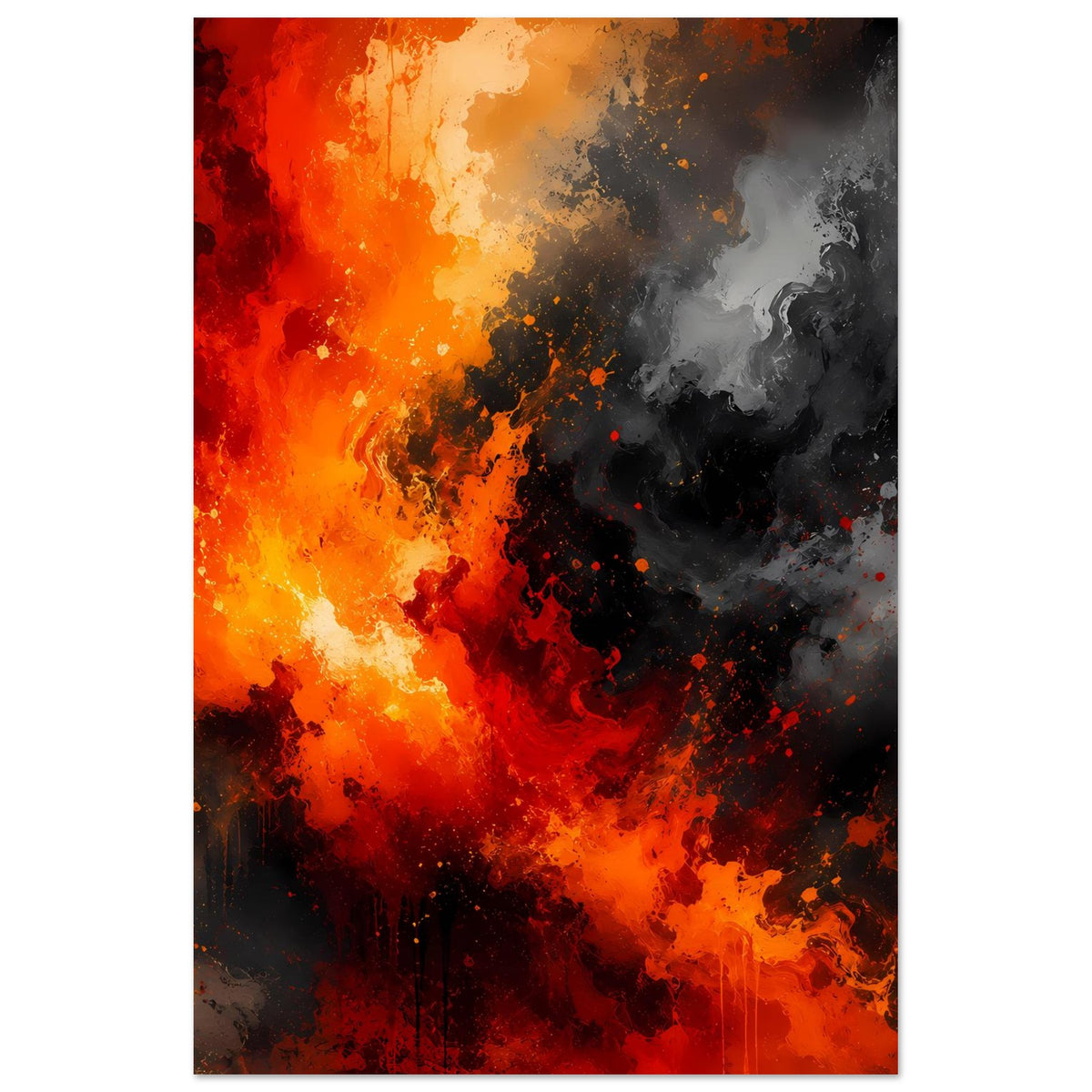 Abstraktes Wandposter mit Feuer-Rauch-Optik, warme Orange-Rottöne und dunkles Grau