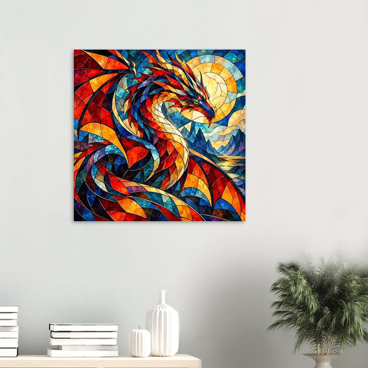 Drachen-Glasmalerei-Poster, quadratisch: Drache mit Flammen und Mosaikschuppen