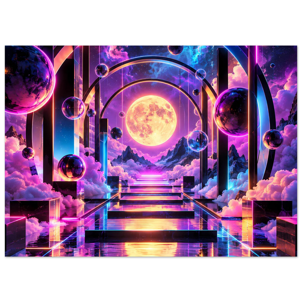 Horizontales Poster mit leuchtender Sonne, violett-blauen Gewölbebögen, Planeten und Wolken