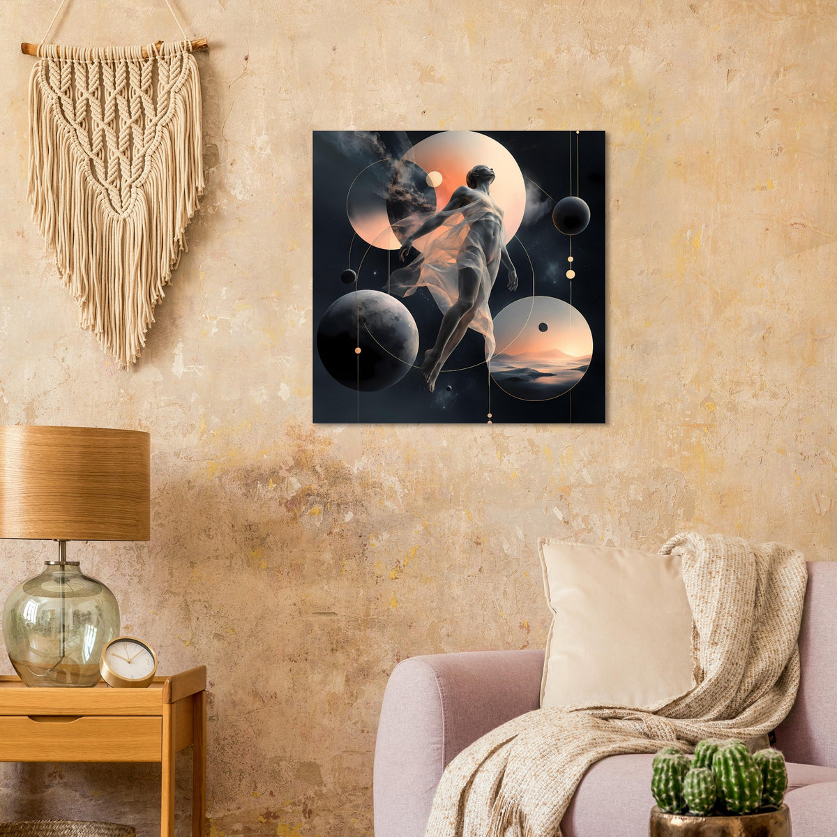 Quadratisches Poster im schwarzen Rahmen: abstrakte Figur vor dunklen Planeten in Orange
