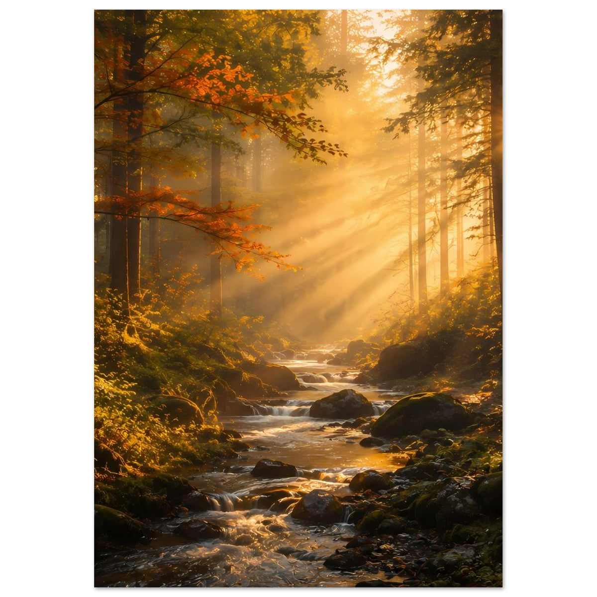 Wandposter im Hochformat: Wald-Sonnenaufgang mit Sonnenstrahlen, Bachlauf und Felsbrocken