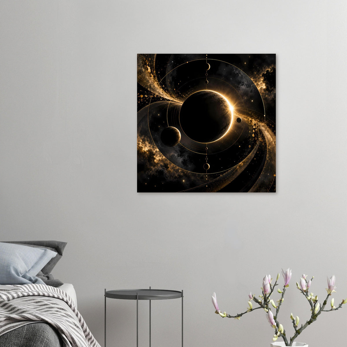 Weltraum-Poster mit zentralem schwarzen Planeten und goldenen Umlaufbahnen, klein dargestellt