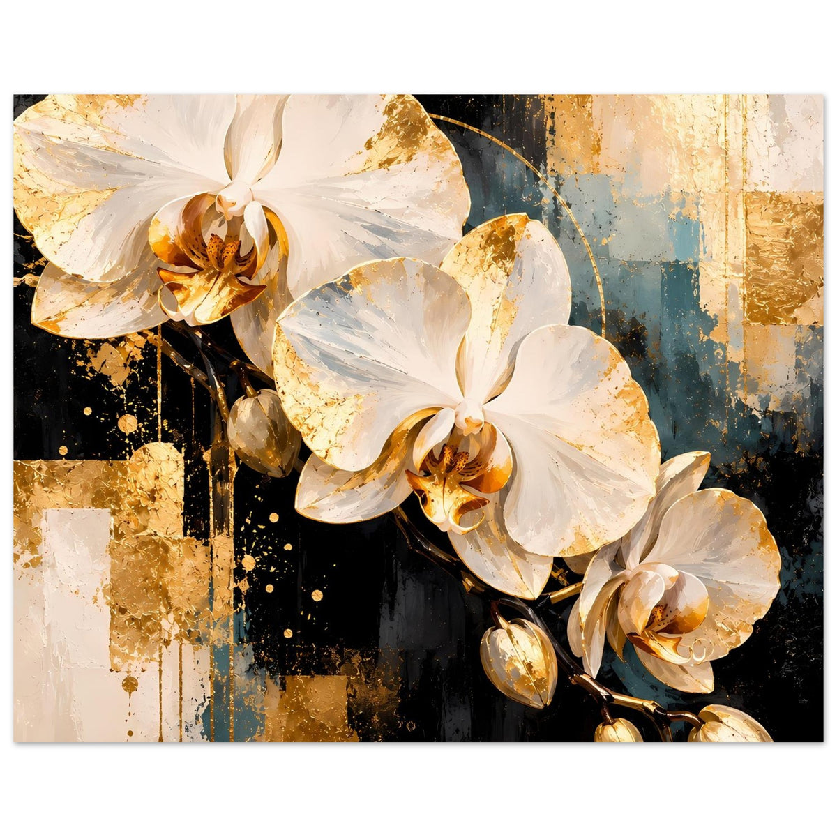 Querformat-Poster mit weißen Orchideen und goldenen Akzenten, mehrere Blüten