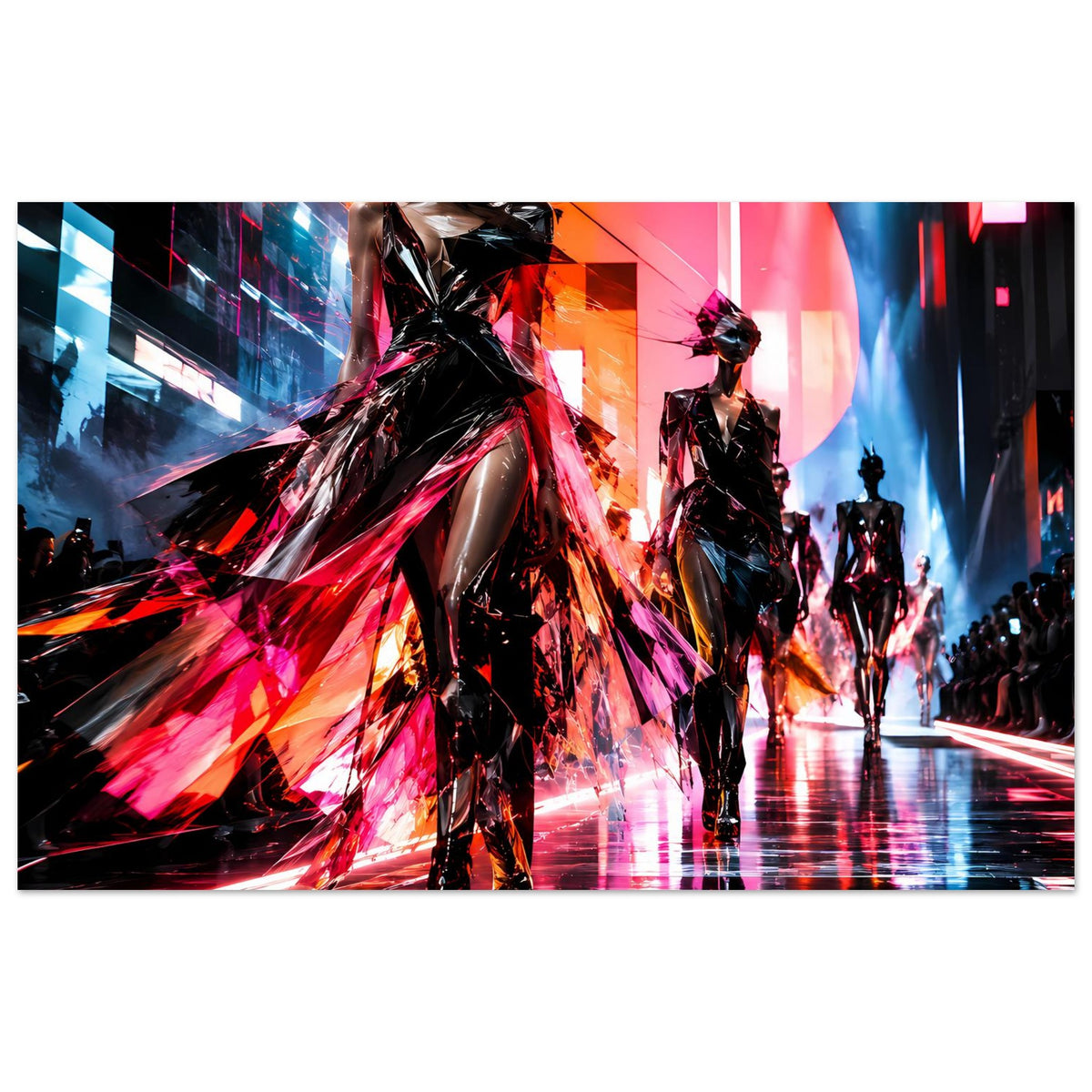 Neon-Fashion-Poster mit Silhouetten von Models im Laufsteg-Look, in Rot, Pink und Schwarz
