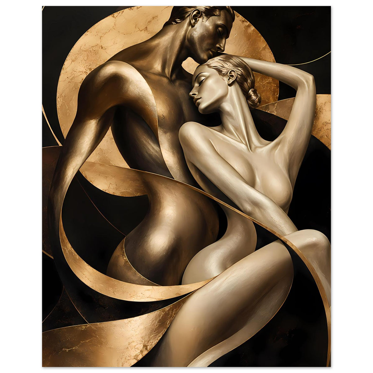 Kunstposter, Bildausschnitt mit zwei goldbronzenen Frauenfiguren in dynamischer Pose