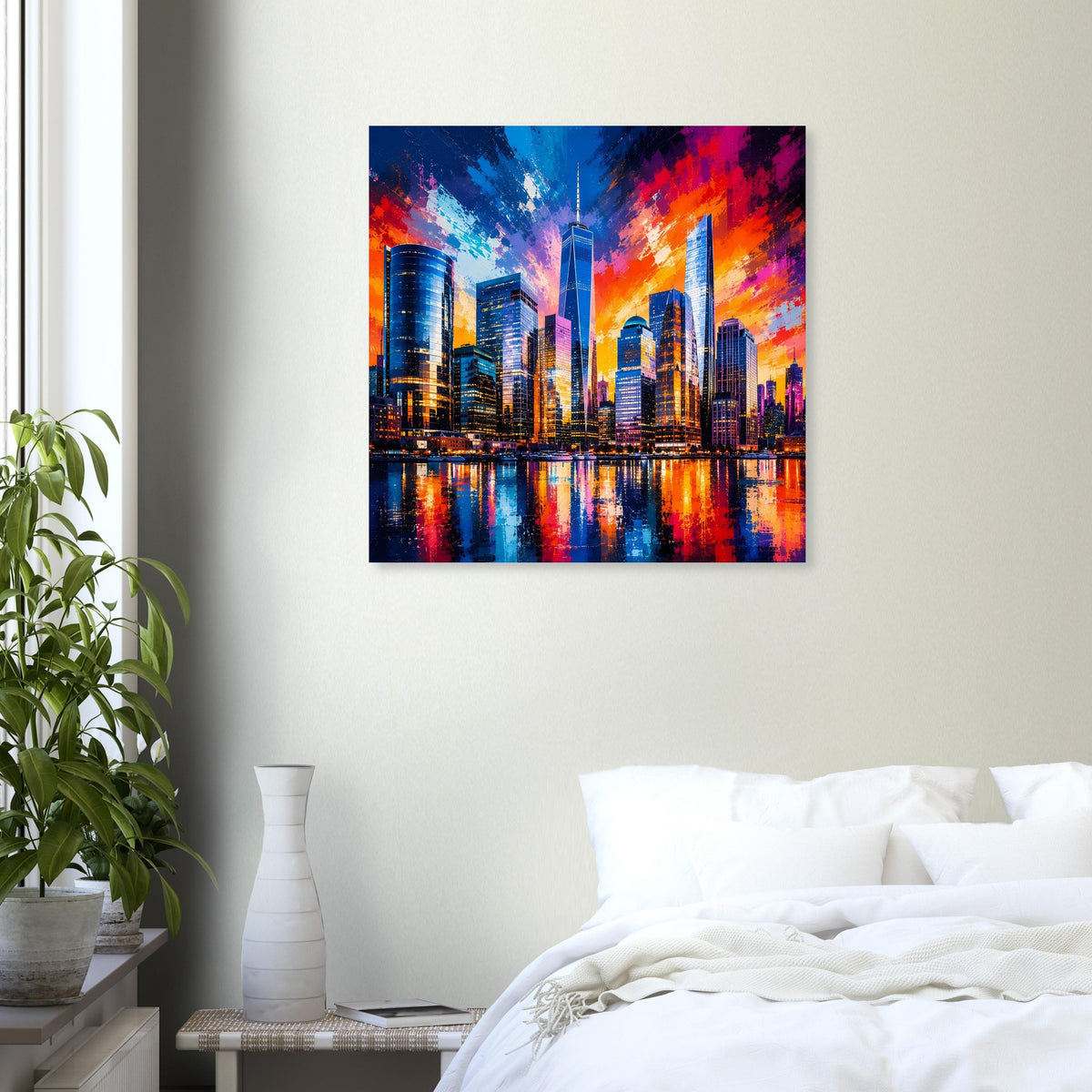 Wandbild-Poster mit leuchtender Skyline im Sunset-Look, farbige Reflexion auf Wasserflächen.