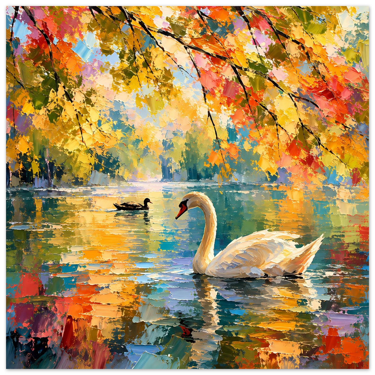 Herbstkunst-Poster mit weißem Schwan am See, Enten im Wasser, orange-gelbes Laub, Hochformat