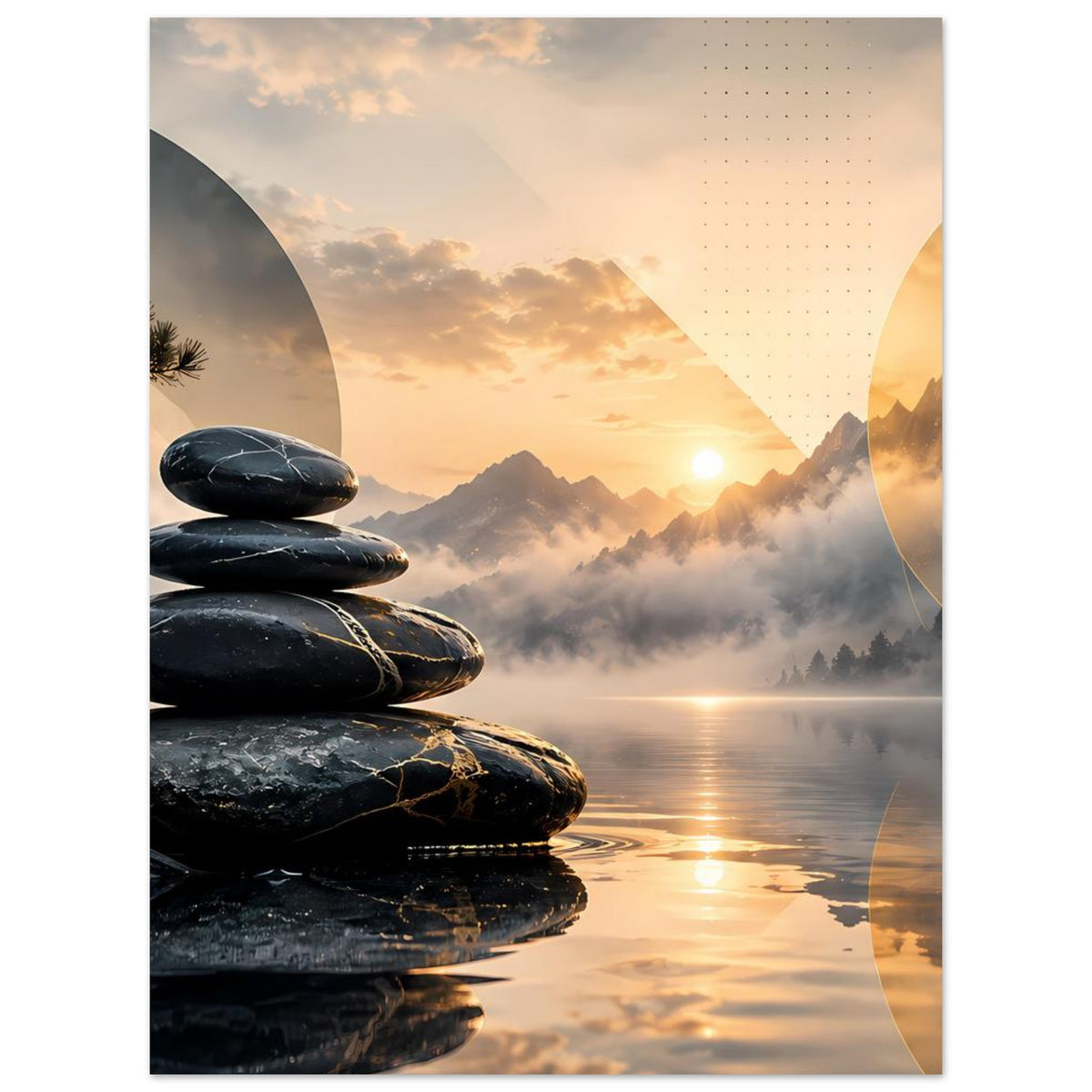 Poster im Hochformat mit Zen-Steinen, Sonnenaufgang und Berglandschaft im Nebel
