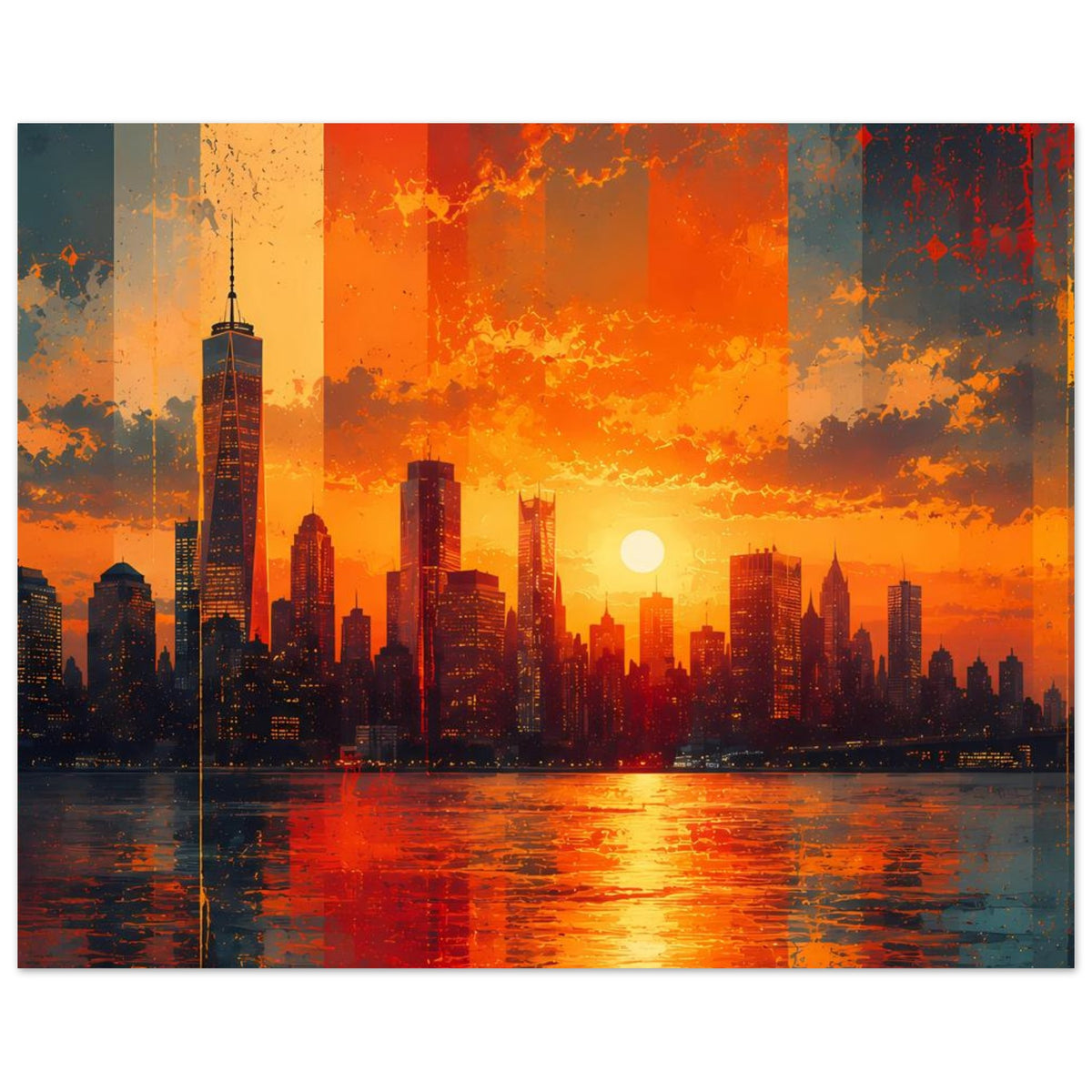 Wandposter mit Stadt-Skyline, orange-rotem Sonnenuntergang und Spiegelung im Wasser
