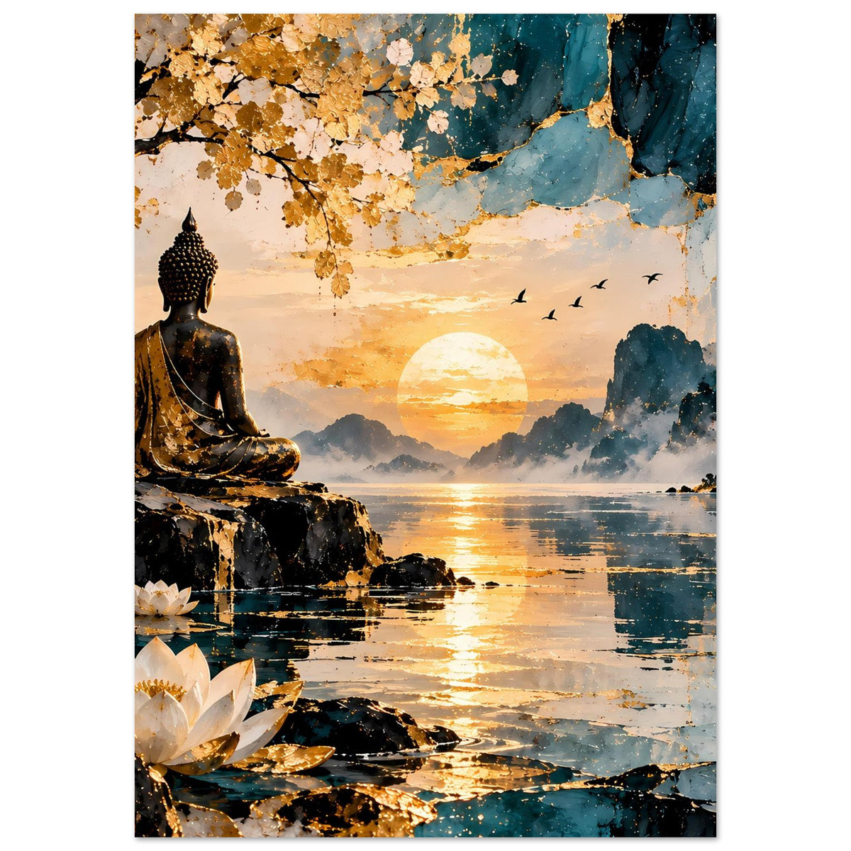 Buddha-Poster mit goldener Sonne, nebliger Landschaft, Vögeln im Himmel und Buddha-Silhouette