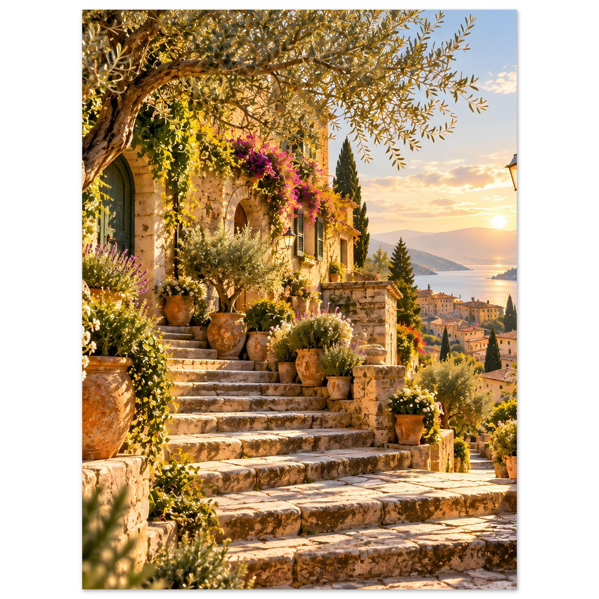 Kunstposter im Hochformat: mediterrane Stufen mit Töpfen, Blüten und Blick in die Ferne