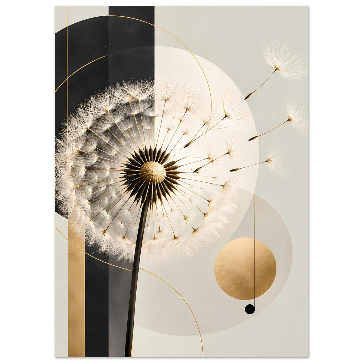 Poster mit Pusteblumen-Motiv, goldene Details, Nahansicht der Pflanzenstruktur