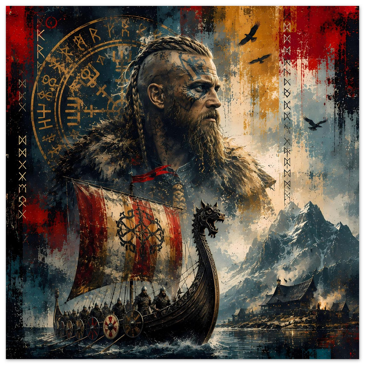 Vikinger-Poster im Querformat mit bärtigem Krieger, Langschiff, Bergen und Runen