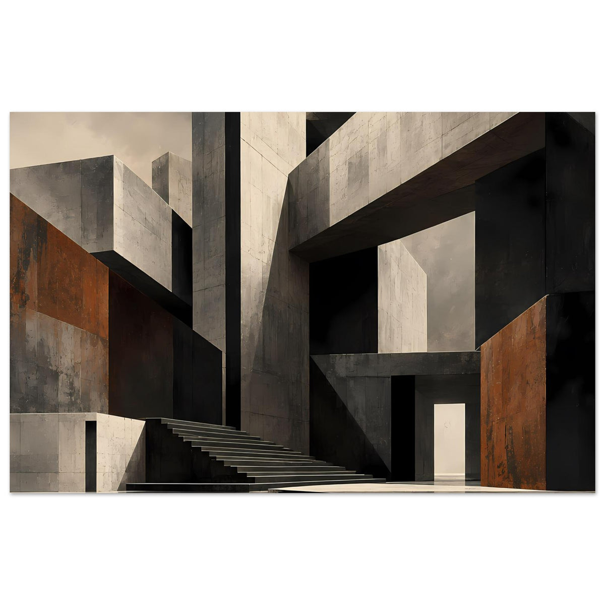 Architekturposter mit Treppenanlage, grauen Betonwänden, schwarzen Balken und rostfarbenen Akzenten