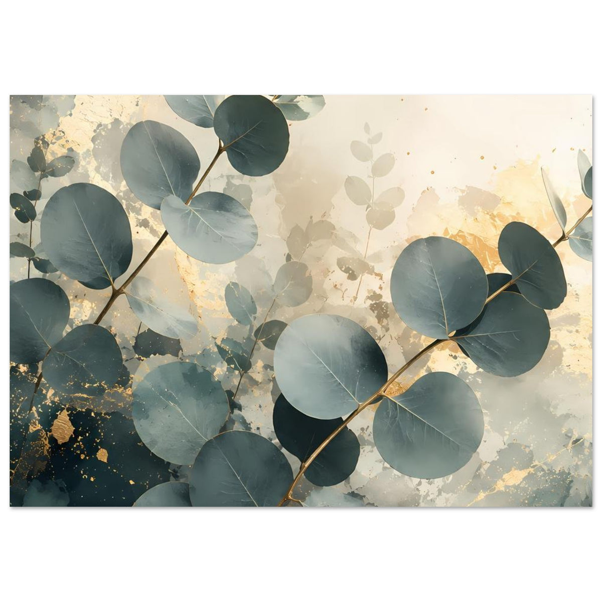 Elegantes Eukalyptus-Poster mit Goldakzenten, querformatig: Eukalyptuszweige auf hellem Hintergrund