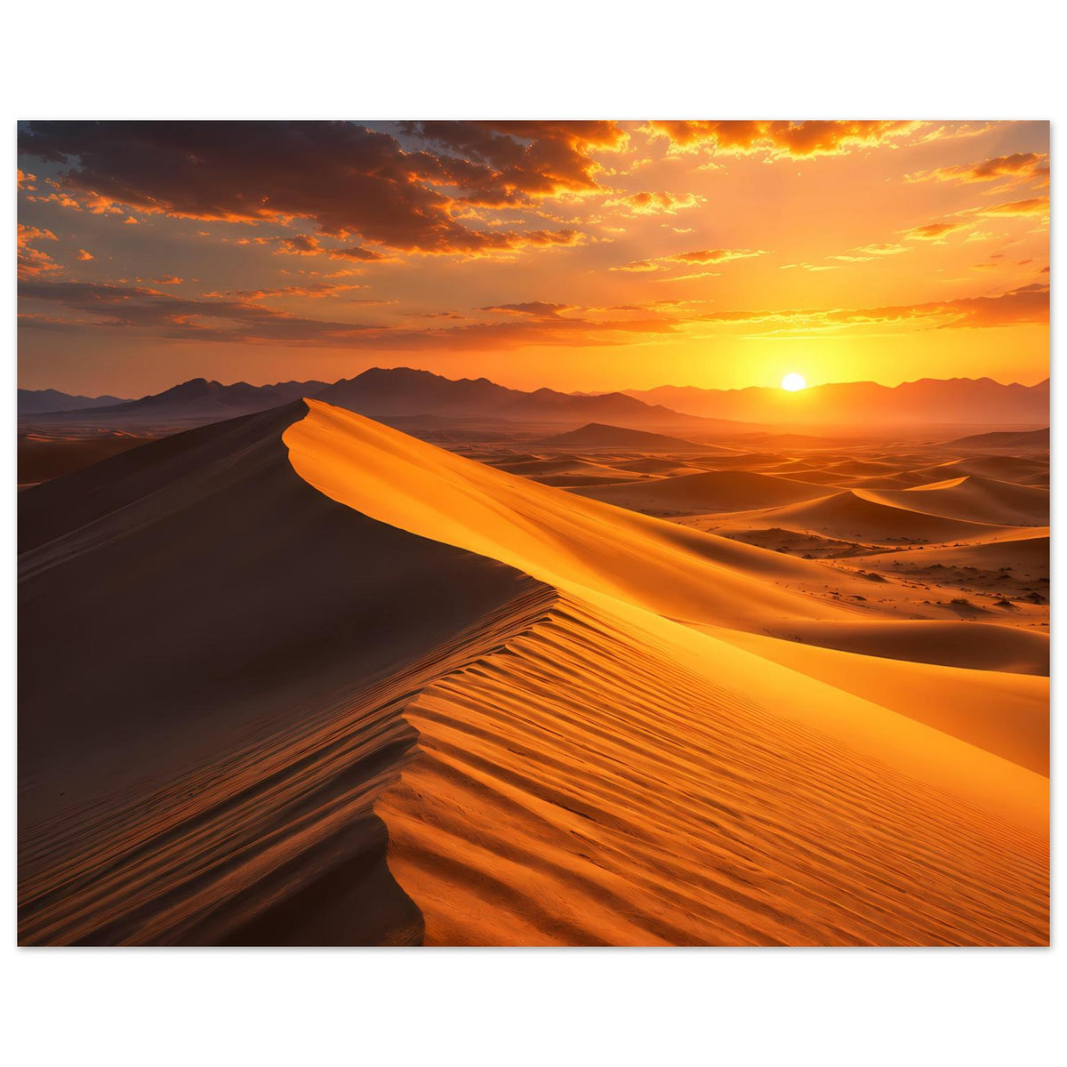 Gerahmtes Poster: Wüstenlandschaft bei Sonnenuntergang, leuchtende Dünen im Panorama