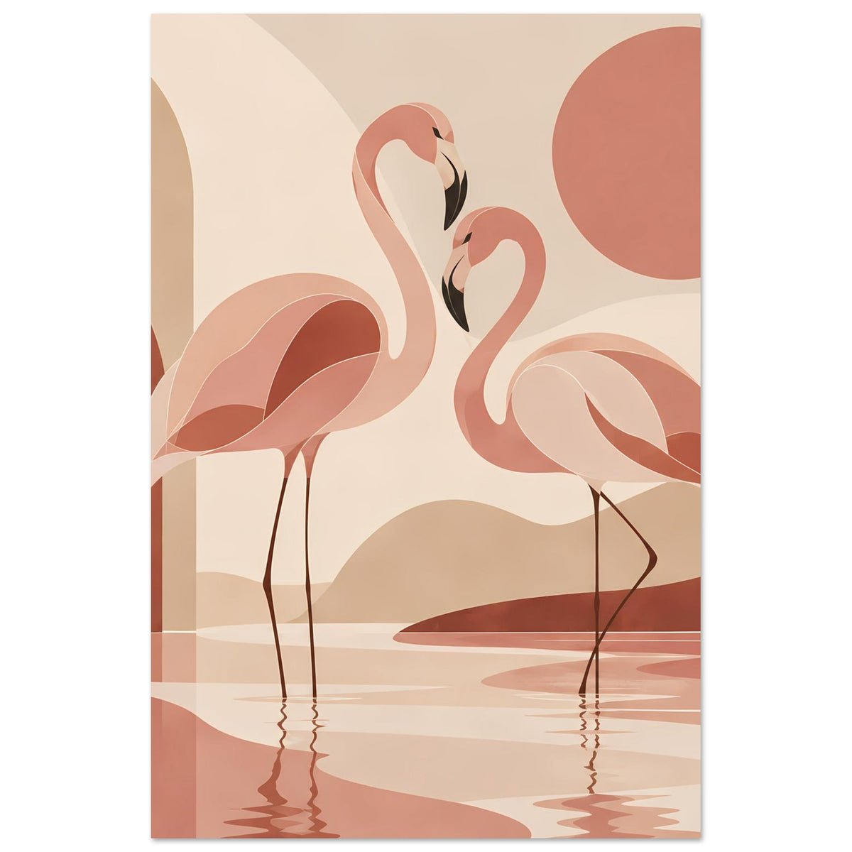 Naturposter mit zwei Flamingos in Creme-, Rosa- und Terracottatönen, Wasserreflexe