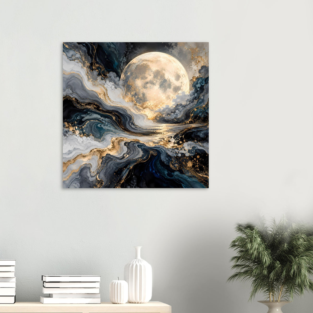 Wandmontiertes Poster im quadratischen Format mit Vollmond über goldblauen Wirbeln