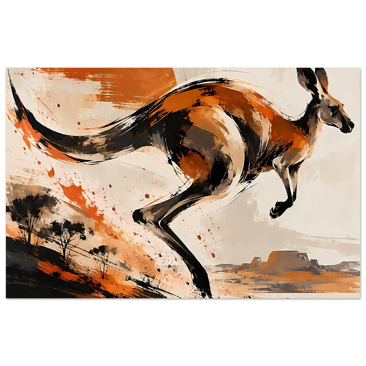 Abstraktes Känguru-Tierposter mit orange-braunen Pinselstrichen und schwarzer Silhouette