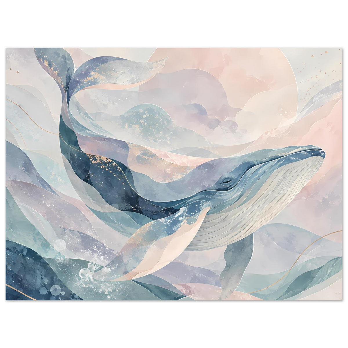 Wal-Kunstposter im Querformat mit weichen Wellenformen, Blau, Cremeweiß und Pastellrosa