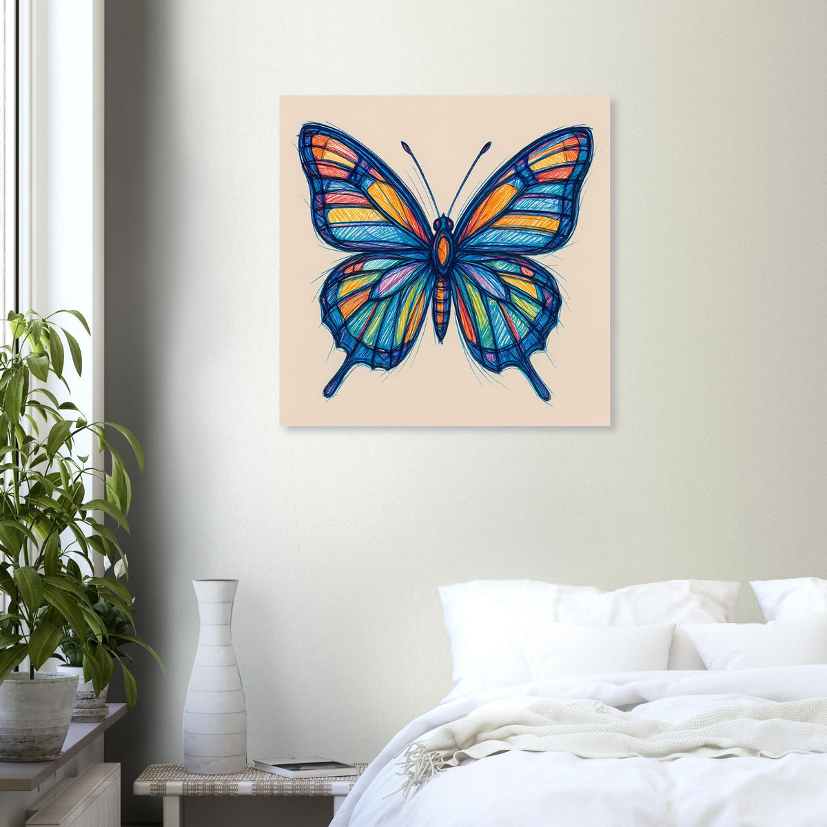 Gerahmtes Poster mit farbenfrohem Schmetterling, detaillierte Flügelzeichnung im Fokus.