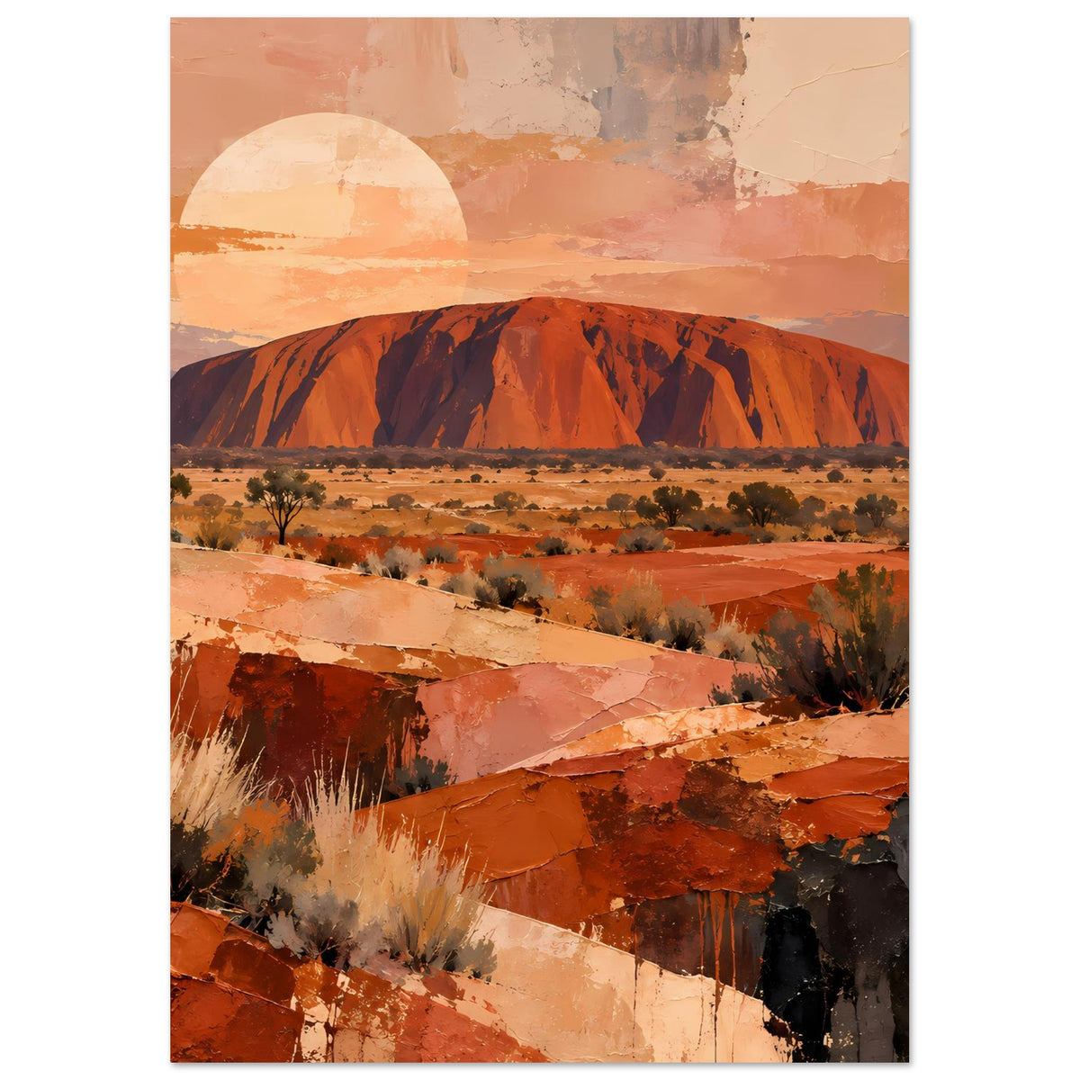 Poster im Hochformat mit Uluru-Felsformation, Wüstenboden und warmen Erdtönen