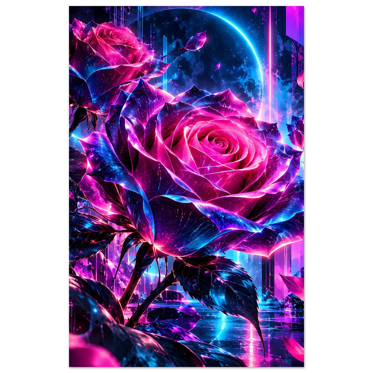 Neon-Kunstposter: große Pinke Rose mit blauen Lichtstrahlen und dekorativen Blättern