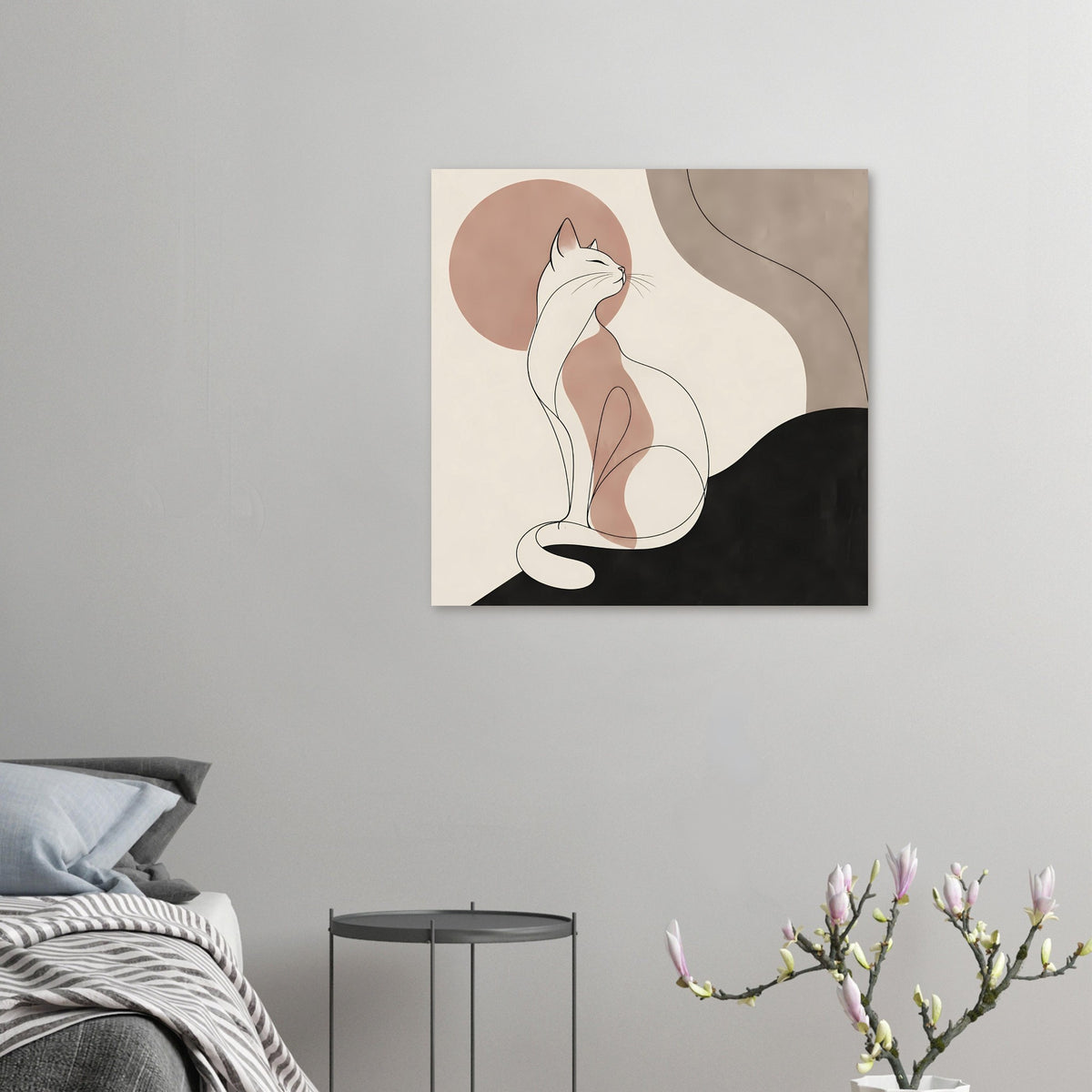 Kunstposter mit Katzen-Silhouette: kleine Darstellung, weiße Katze, rosafarbene Punkte, schwarze Fläche unten