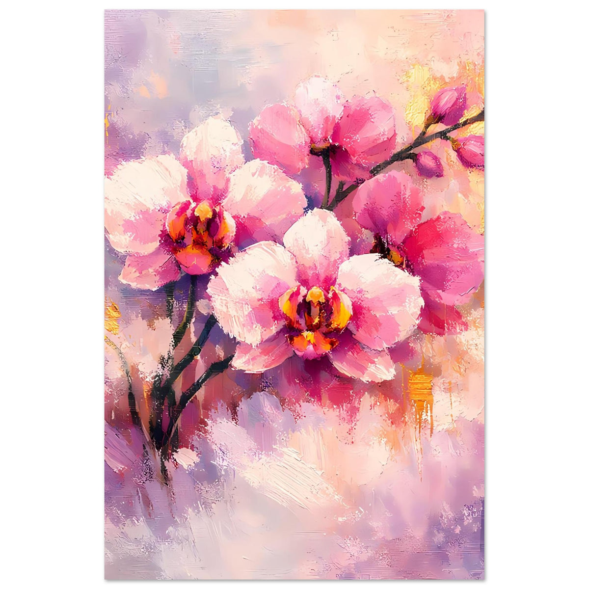 Blumenposter mit weißen und rosafarbenen Orchideenblüten, dunklem Ast und goldenen Akzenten