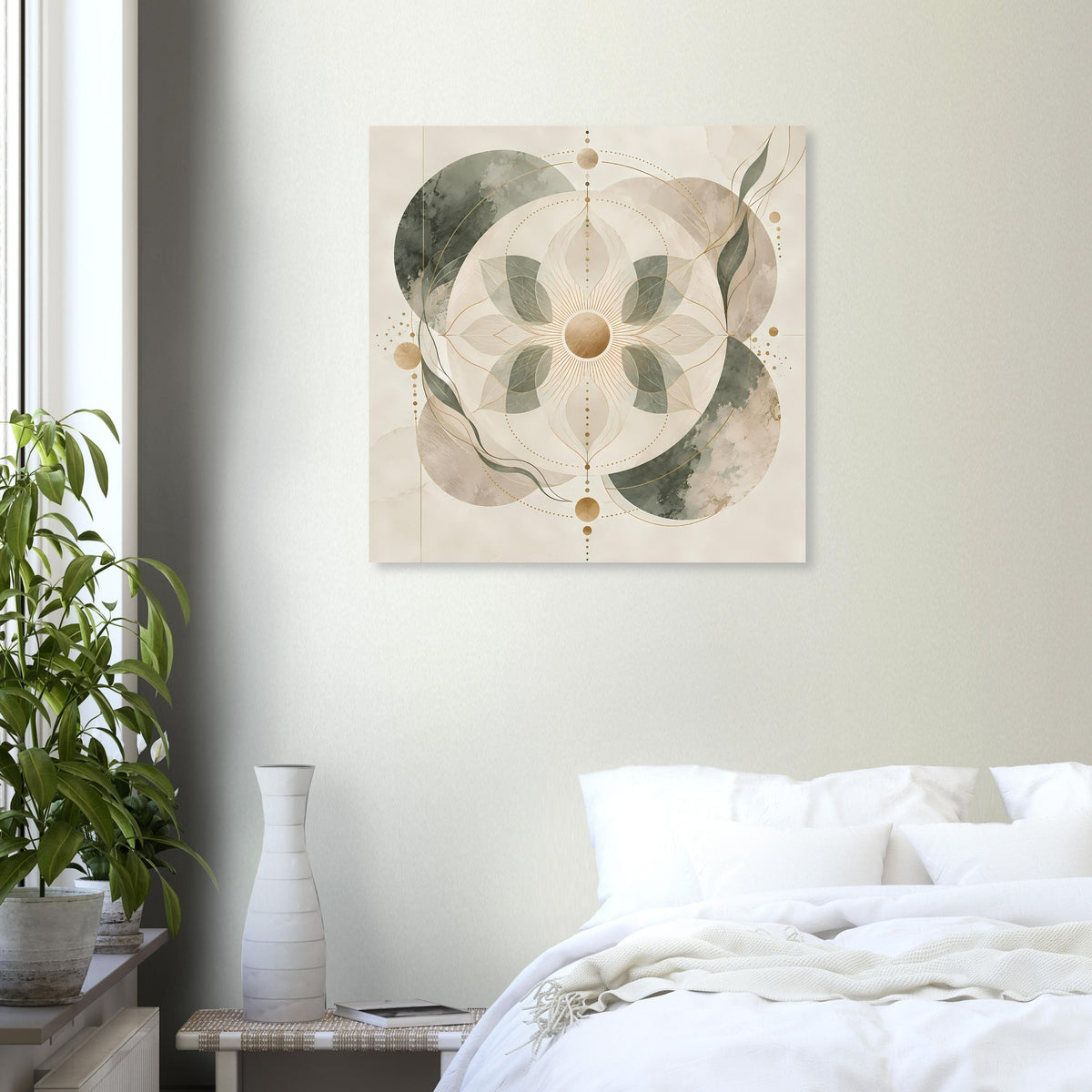 Quadratisches Mandala-Poster mit beigen und grünen Blütenformen sowie goldenen Linien