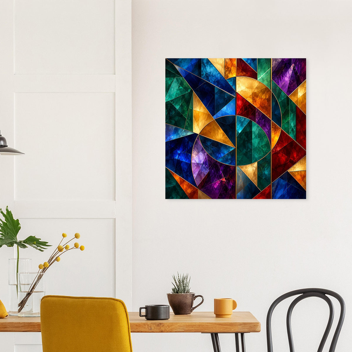 Quadratisches Poster mit farbenfrohem Glasmalerei-Motiv aus dreieckigen und runden Formen