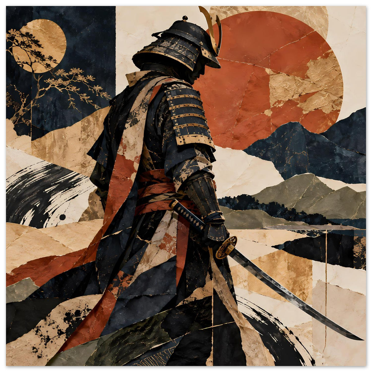 Samurai-Silhouette-Poster im Querformat, Helm und Rüstung vor rotem Kreis und Bergen