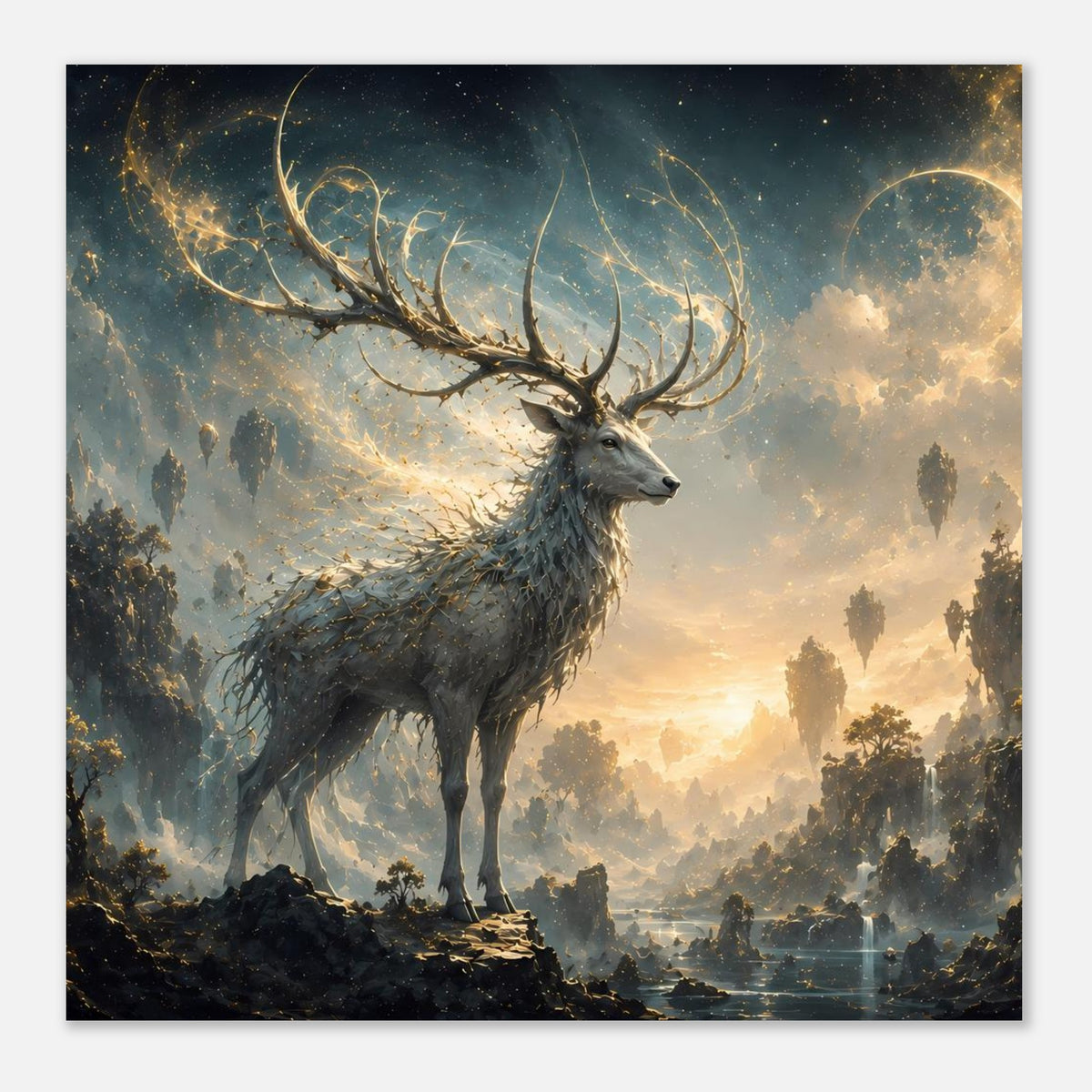 Fantasy-Rehposter an der Wand montiert: Reh mit Geweih in Dämmerung