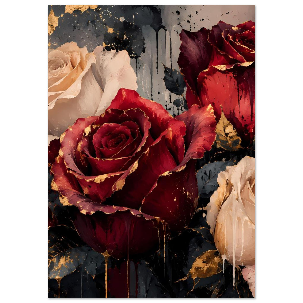 Kunstposter mit Bordeauxroter Mittelrose, cremefarbener Blüte links und Goldakzenten