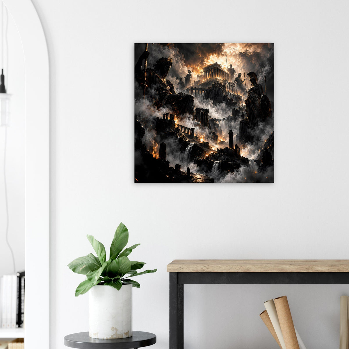 Gerahmtes Poster mit brennendem Turm und dunkler Rauchwolke, quadratisch