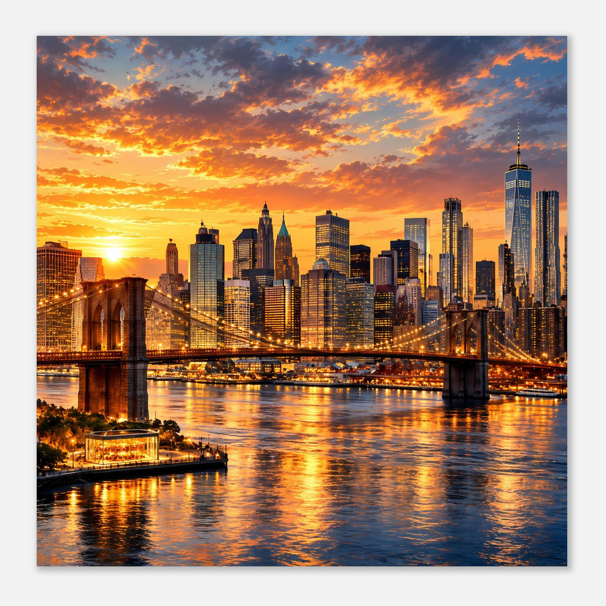 Hochformat-Poster mit New York Skyline, beleuchteter Brücke und Sonnenuntergang