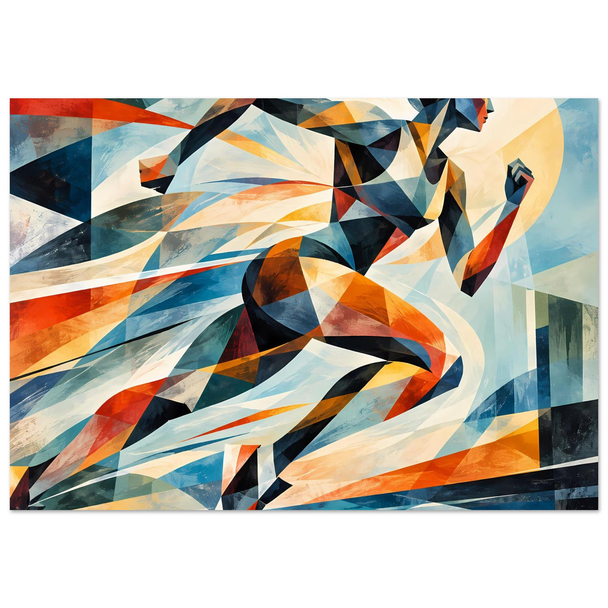 Poster mit abstrakter Läuferin, starke Kontraste in Blau, Orange und Schwarz, Querformat