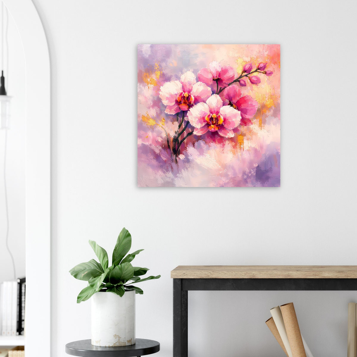 Poster mit rosa und weißen Blüten auf schwarzem Ast, goldene Highlights im Hintergrund
