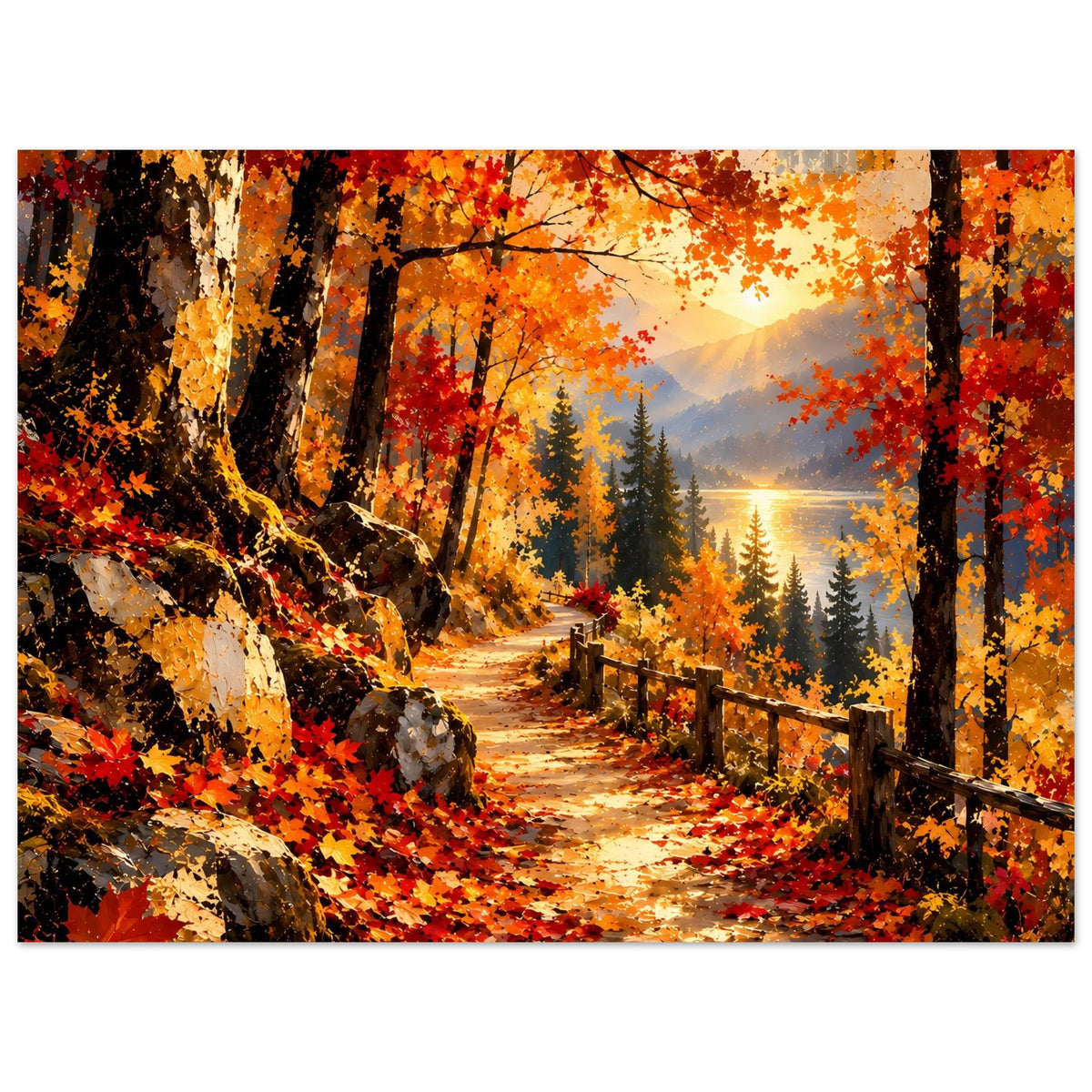 Herbstliches Wanderweg-Poster mit goldenen und roten Blättern, Waldweg und Holzgeländer
